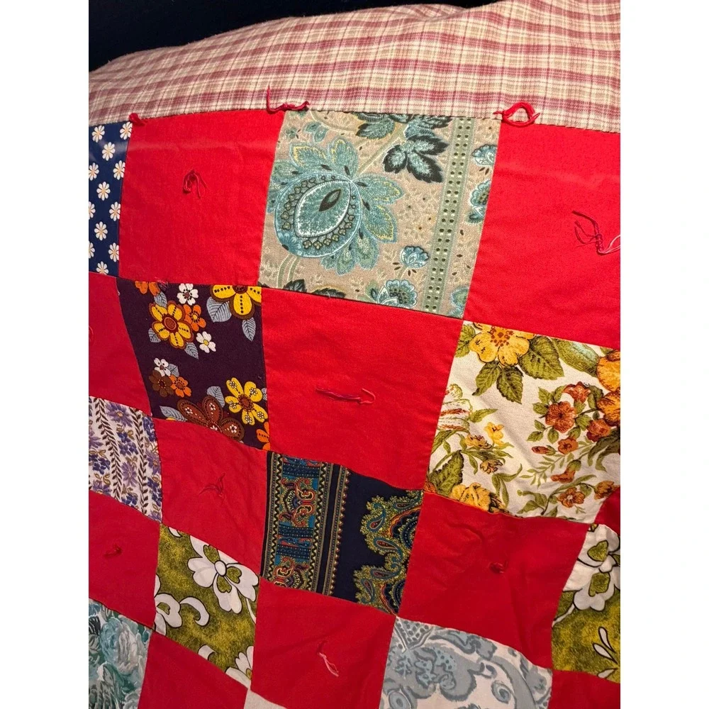 Vintage Handmade Patchwork Tied Quilt Red Floral Plaid Farmhouse Throw Blanket